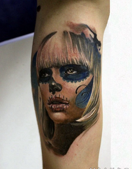 大臂3D彩色的墨西哥女人画像纹身图案