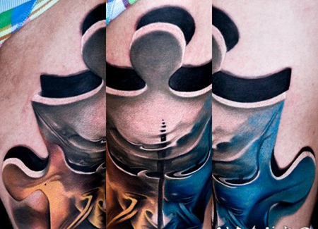 3D风格的大型彩色拼图和白色面具纹身图案