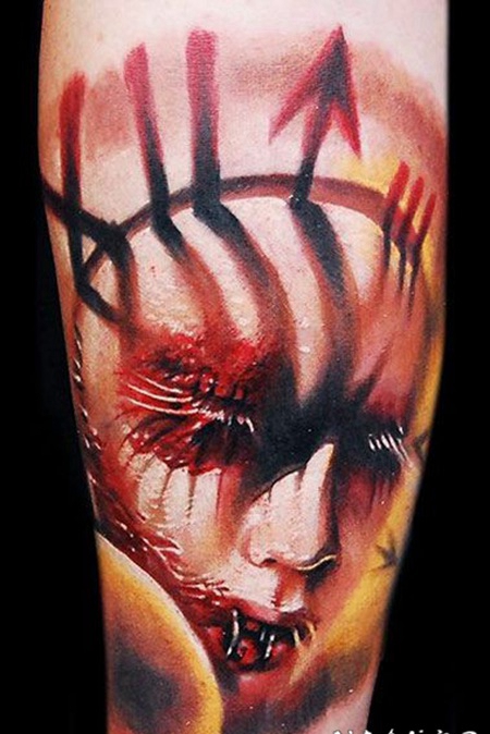 3D风格的彩色部落女性与箭头纹身图案