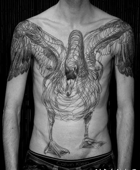 胸部3D风格惊人的黑色线条天鹅纹身图案