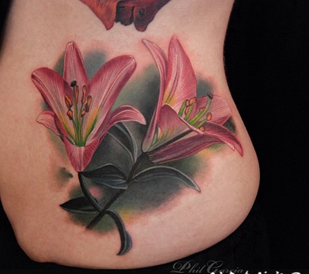 侧肋3D风格彩色美丽的花朵纹身图案