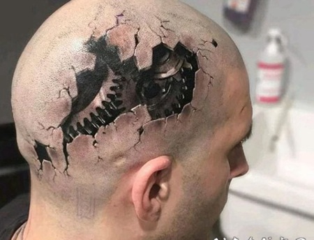 男性头部非常逼真的3D机械齿轮撕皮纹身图案