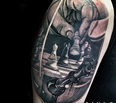 大腿3D对弈的国际象棋纹身图案