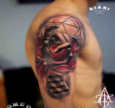 手臂彩色的3D风格手与花朵几何纹身图案