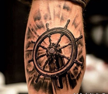 小腿3D风格的船舵纹身图案