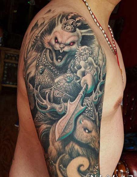 霸气兔爷，手臂个性兔子神将纹身图案