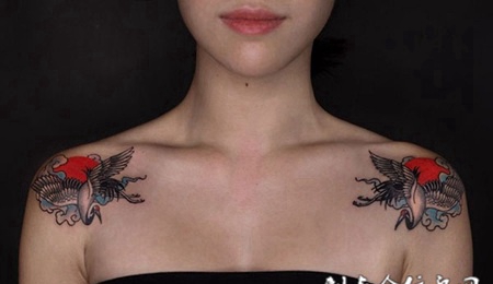 丹砂作顶耀朝日，披肩成对仙鹤纹身