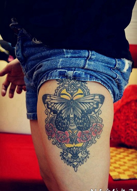 腿部充满神秘个性的蝴蝶纹身