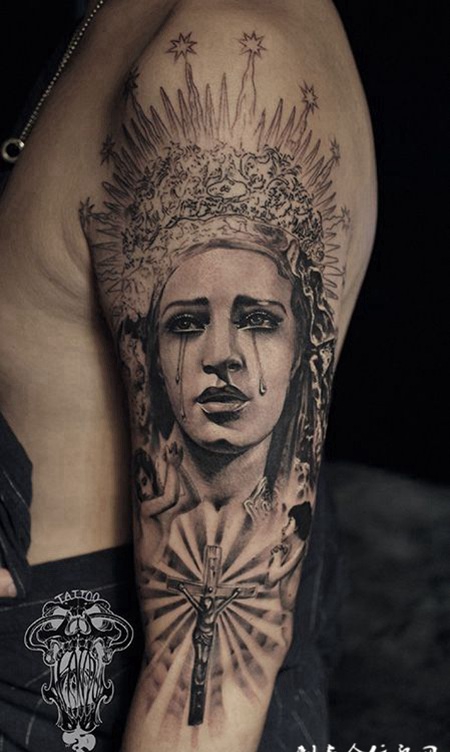 女神之泪，手臂流泪女神肖像纹身