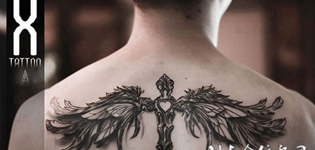 飞翔的十字架,后背华丽的十字架翅膀纹身图案