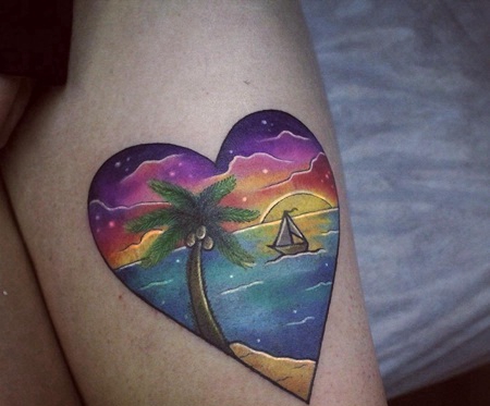 女生大腿小清新爱心星空海滩风景纹身图案