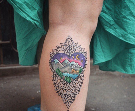 小腿彩绘爱心星空风景梵花纹身图案