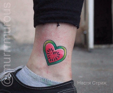 脚踝小清新爱心西瓜纹身图案