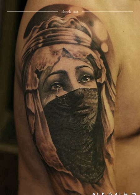 垂泪女神，手臂面纱女神肖像纹身
