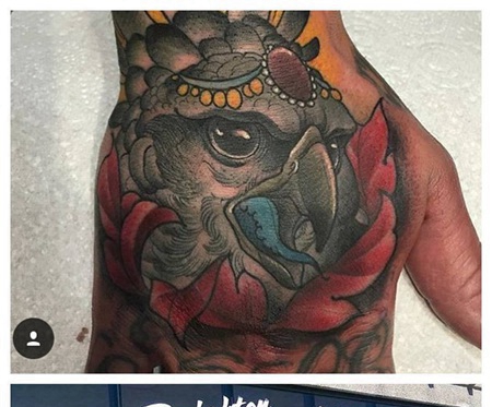 手背戴宝石的猫头鹰纹身图案