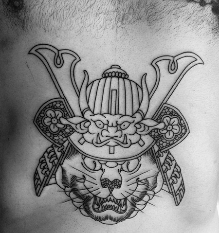 腹部线条武士猫纹身图案