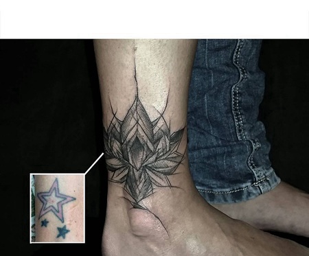 脚踝纹身覆盖几何莲花纹身图案