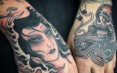 手背艺妓和骷髅纹身图案