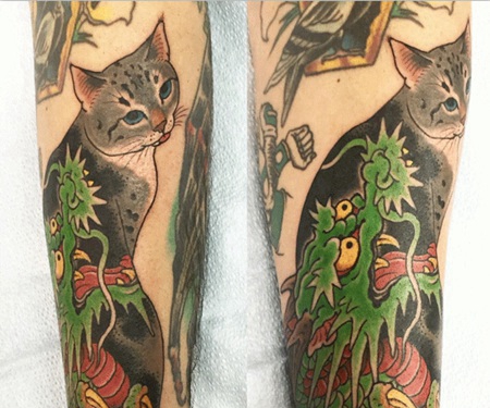 日式传统纹身猫和青龙彩绘纹身图案