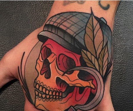 手背戴帽子的骷髅纹身图案