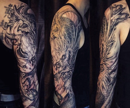 花臂精致黑白传统龙纹身图案