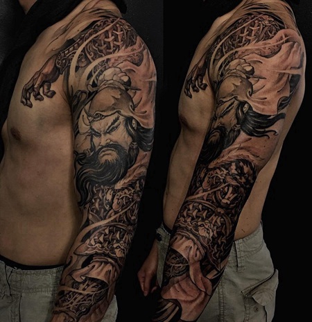 男性花臂霸气传统关公纹身图案