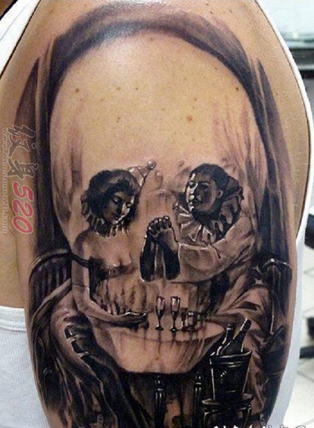 男生手臂上黑色素描点刺技巧创意个性骷髅头纹身图案