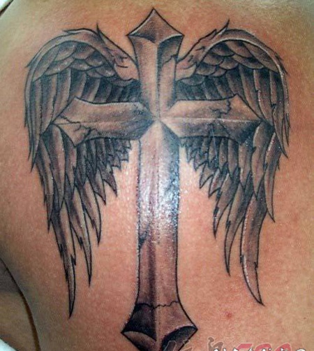 黑白点刺技巧个性的天使翅膀纹身图案
