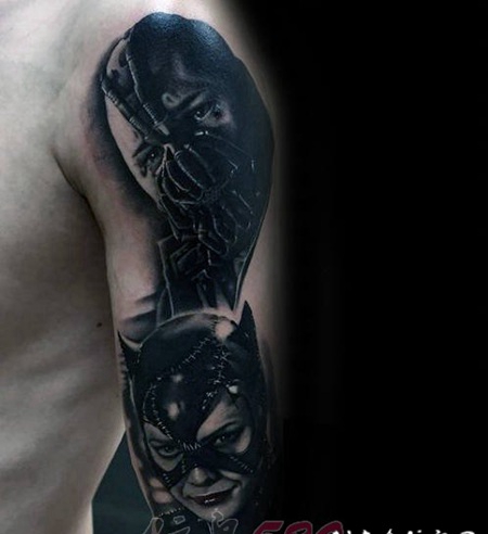 男生手臂上黑色素描点刺技巧创意个性霸气人像纹身图案