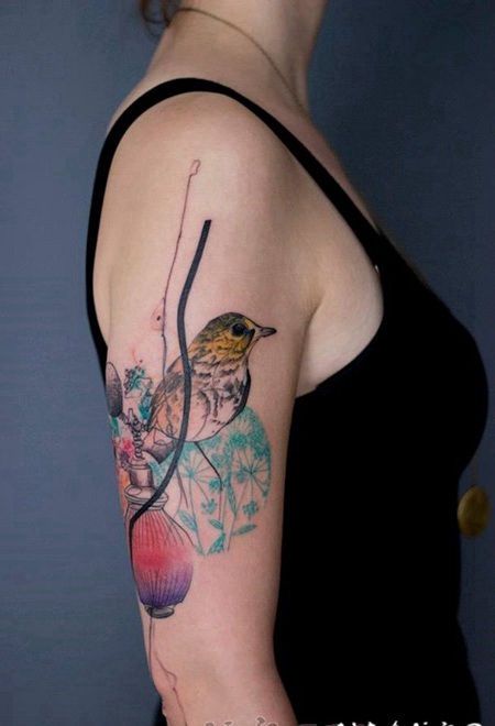 关于小动物小鸟的彩绘水彩泼墨纹身图案