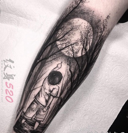 黑色个性点刺技巧抽象线条纹身图案