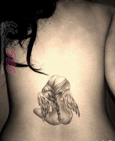 形态各异的黑灰点刺技巧天使纹身图案