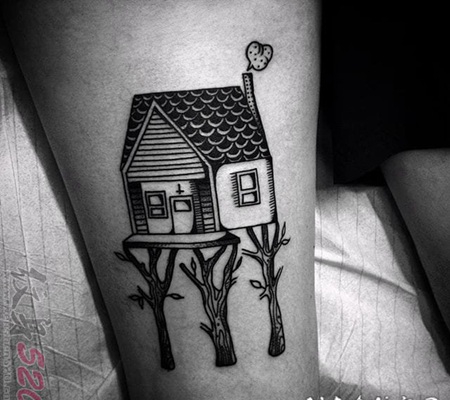 创意黑白线条点刺技巧房屋建筑纹身图案