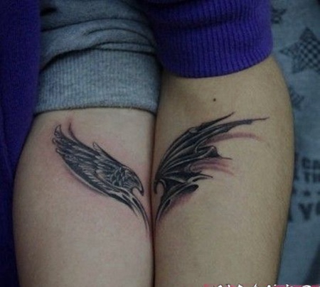 天使恶魔情侣纹身图案 时尚好看的天使与恶魔翅膀纹身图片