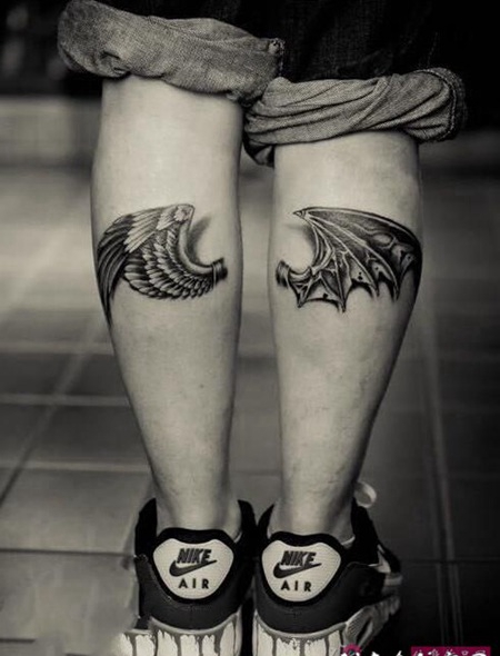 天使小腿纹身图片 小腿上被捆绑的天使纹身图集