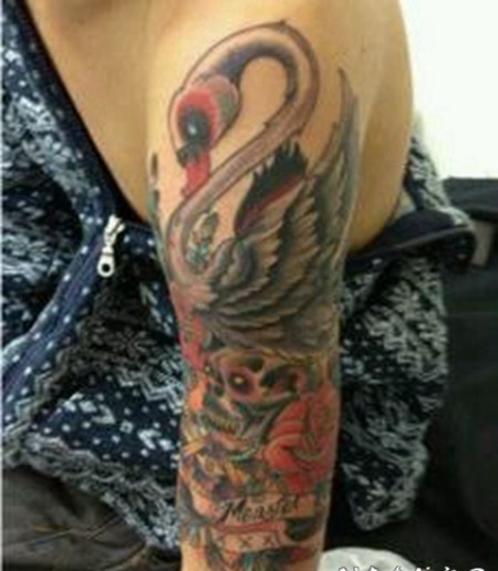 大臂天鹅纹身图片