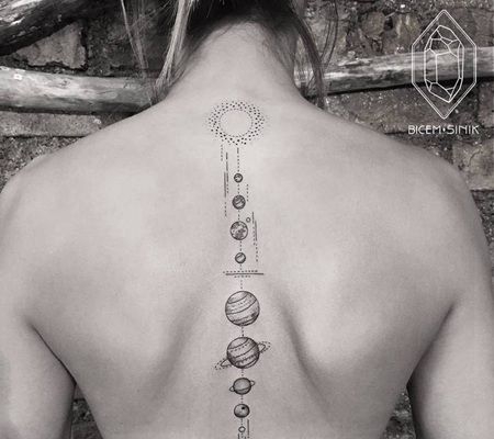 美女脊柱部位漂亮的黑白系列太阳系纹身图片