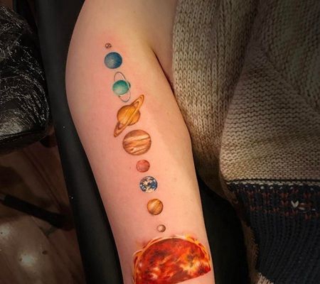 胳膊上逼真的太阳系纹身图片
