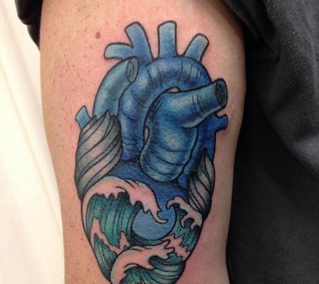 深蓝色海浪心脏纹身图案