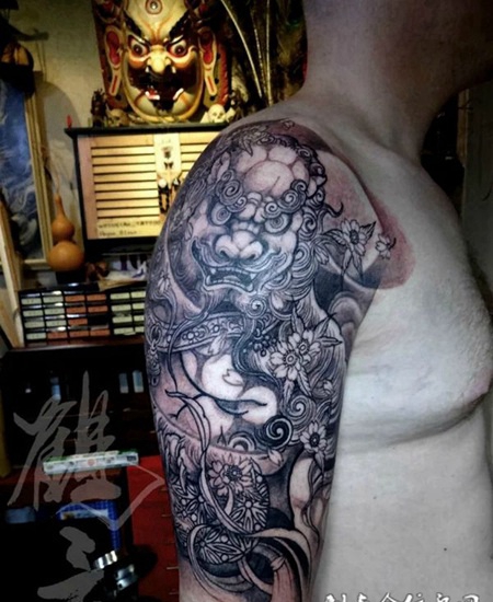 镇守神兽，手臂唐狮霸气纹身图案