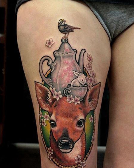 鹿头上有茶壶_水杯_兔子和鸟的纹身图案