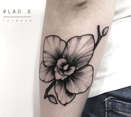 手臂上一朵黑色的兰花纹身图片