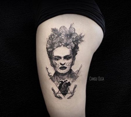 大腿外侧黑色的人物肖像纹身