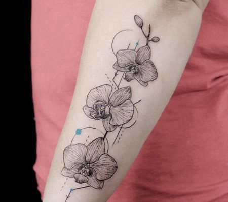 漂亮的线形兰花和几何元素纹身图案