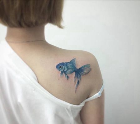 美女后肩漂亮的蓝色金鱼纹身图案