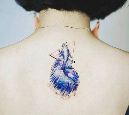 美女后背非常好看的蓝色金鱼和几何形纹身
