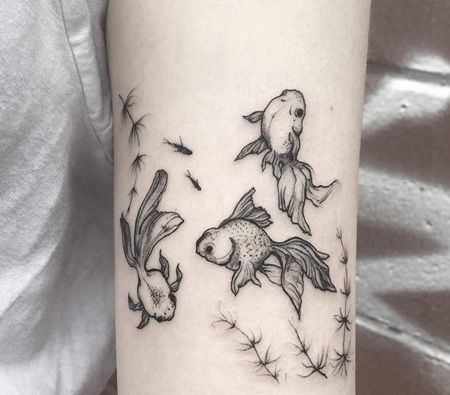 胳膊上三条黑色金鱼纹身