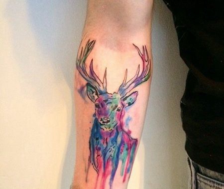 男子手臂漂亮的水彩风格鹿纹身