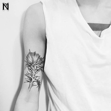 黑白蓟纹身在胳膊内侧