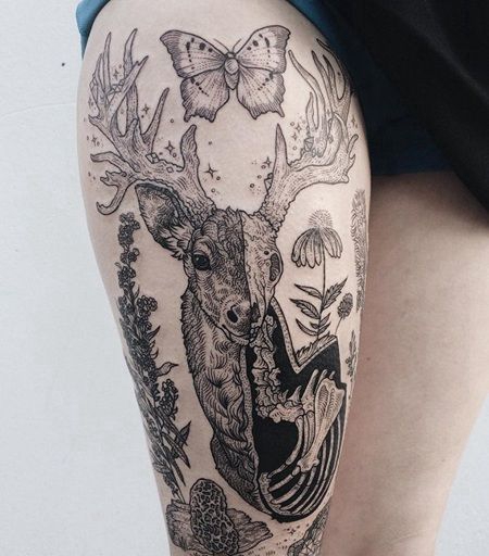 大腿个性的黑灰色鹿和蝴蝶纹身图案
